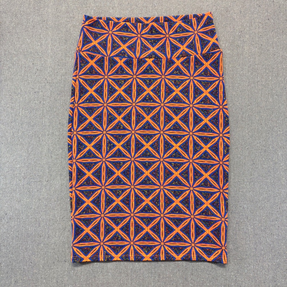 LuLaRoe Cassie Pencil Skirt Orange Blue Geometric Floral Print Small